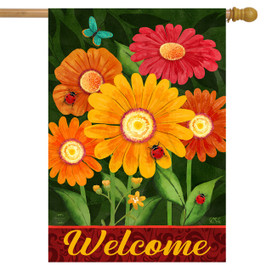 Briarwood Lane colorful welcome house flag with vibrant orange, yellow, and red daisies and green butterfly.