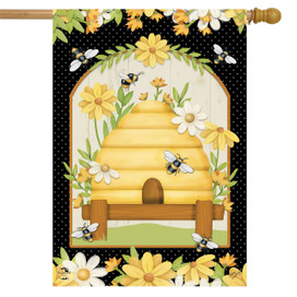 Briarwood Lane Home Sweet Hive House Flag with yellow beehive, bees, and floral design on black background.