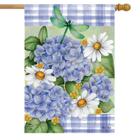 Briarwood Lane Dragonfly and Hydrangea house flag with blue flowers, white daisies, and green dragonfly.