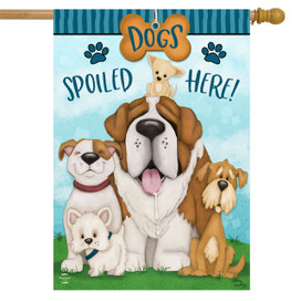 Briarwood Lane Dogs Spoiled Here house flag with colorful cartoon dogs and green grass base.