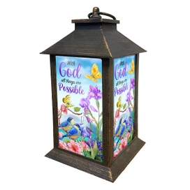 Briarwood Lane With God Lantern, bronze metal with floral birds design and inspirational quote.