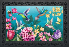 Briarwood Lane Springtime Hummingbirds Doormat with colorful hummingbirds and flowers on blue background.