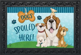 Briarwood Lane Dogs Spoiled Here Doormat with colorful cartoon dogs design and decorative black frame.