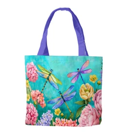 Briarwood Lane Dragonfly Garden Tote Bag with purple handles and colorful floral dragonfly design.