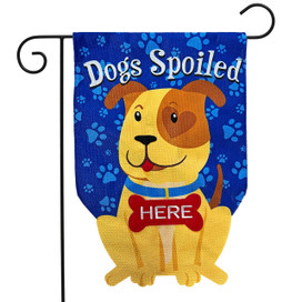 Briarwood Lane Spoiled Pup Burlap Garden Flag with yellow dog and blue paw print background.