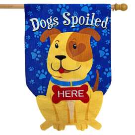 Briarwood Lane Spoiled Pup Burlap House Flag with cartoon dog and blue paw print background.