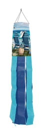 Briarwood Lane Seaside Escape Windsock Wind Twister with beach chairs and ocean design hanging vertically.