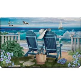 Briarwood Lane Seaside Escape Comfort Mat with serene beach scene and two blue Adirondack chairs.