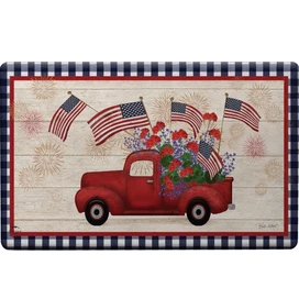 Red truck with American flags and flowers on Briarwood Lane Stars and Stripes comfort mat.