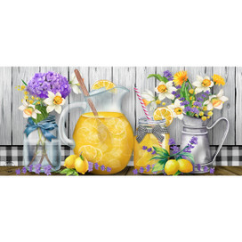 Briarwood Lane Lemonade Mini Mat with floral arrangement and lemonade pitcher on rustic background.