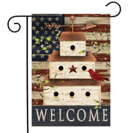 Briarwood Lane Patriotic Birdhouse Garden Flag with American flag background and welcome text.