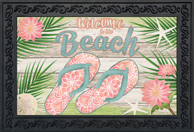 Briarwood Lane Welcome Beach Flip Flops Doormat with pink flowers and turquoise flip flops design.