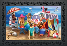 Briarwood Lane Dog Days Beach Doormat colorful beach scene with dogs and beach accessories.