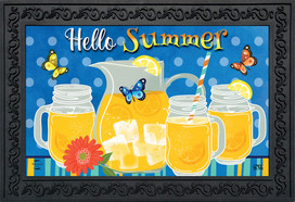 Briarwood Lane Hello Summer Lemonade doormat with colorful pitcher, glasses, and butterflies design.