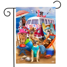Briarwood Lane Dog Days Beach Garden Flag with colorful beach scene and dogs on sand.
