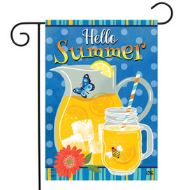 Briarwood Lane Hello Summer Lemonade Garden Flag with colorful pitcher, jar, and floral design.