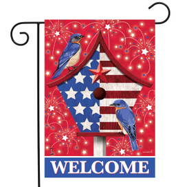 Briarwood Lane American Bluebirds Garden Flag with blue birds, stars, and welcome message on red background.