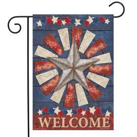 Briarwood Lane Primitive American Barnstar Garden Flag with star design and welcome text on blue background.