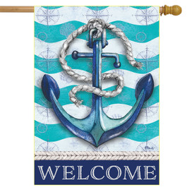 Briarwood Lane Welcome Anchor House Flag with blue anchor and rope on nautical background.