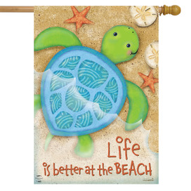 Briarwood Lane Life Is Better Turtle House Flag with green turtle and beach themed design.