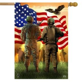 Briarwood Lane American Soldiers House Flag with patriotic soldiers and American flag design.
