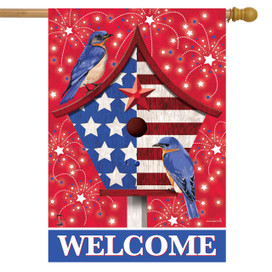 Briarwood Lane American Bluebirds House Flag with blue birds and American flag design welcomes guests.