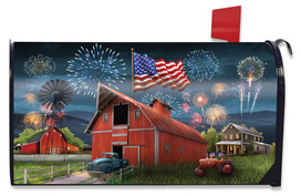 Briarwood Lane American Celebration Barn Mailbox Cover with red barn, American flag, and fireworks display.