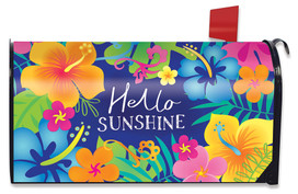 Briarwood Lane Hello Sunshine Oversized Mailbox Cover with colorful floral design and red flag attachment.