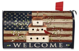 Briarwood Lane Patriotic Birdhouse Oversized Mailbox Cover with American flag and red cardinal design.