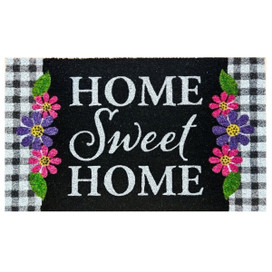 Briarwood Lane Home Sweet Home Flowers Coir Doormat with colorful floral design and plaid border.