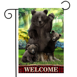 Briarwood Lane Black Bear Welcome Garden Flag with family of bears and welcome text.