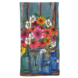 Briarwood Lane Farm Fresh Flowers Hand Towel with colorful flowers and blue jars on rustic background.