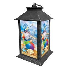 Briarwood Lane Summer Gnomes Lantern with beach scene and colorful gnome on a white background.