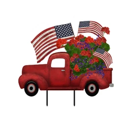 Red Briarwood Lane Stars and Stripes Truck Metal Art with flowers and American flags.