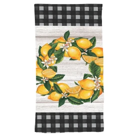 Briarwood Lane Lemon Wreath Hand Towel with black and white checkered trim and lemon design.