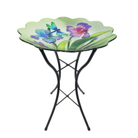 Briarwood Lane Dragonflies Glass Bird Bath with colorful dragonfly and flower design on metal stand.
