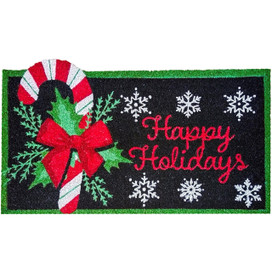 Briarwood Lane Festive Candy Canes Coir Doormat with green border and red holiday text.