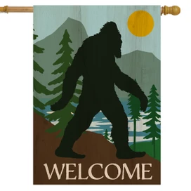 Briarwood Lane Bigfoot Welcome House Flag, large black silhouette of Bigfoot with welcome text.