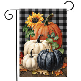 Briarwood Lane Fall Checkered Pumpkins Garden Flag with orange, white, and black pumpkins on plaid background.