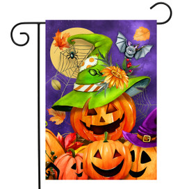 Briarwood Lane Happy Jack-O-Lanterns garden flag with orange pumpkins, green witch hat, and purple background.
