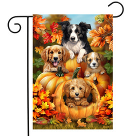 Briarwood Lane Fall Pumpkin Puppies Garden Flag with autumn leaves and four adorable puppies.