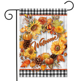 Briarwood Lane Welcome Fall Wreath Garden Flag with sunflowers, pumpkins, and orange leaves.