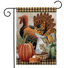 Briarwood Lane Primitive Thanksgiving Garden Flag with turkey, pumpkin, and corn on plaid background.