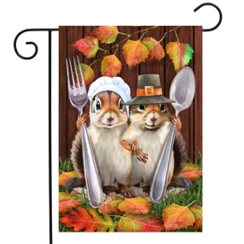 Briarwood Lane Thankful Chipmunks Garden Flag with chipmunks utensils and autumn leaves decoration.