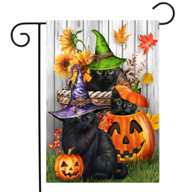 Briarwood Lane Halloween Kittens and Jacks Garden Flag with black cats, pumpkins, and witch hats.