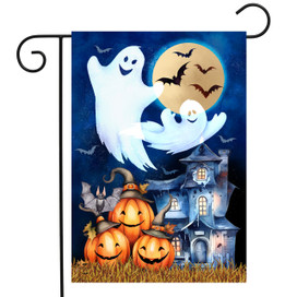 Briarwood Lane Halloween Haunting Garden Flag with ghosts, pumpkins, and haunted house design.