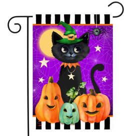 Briarwood Lane Black Cat and Jacks Garden Flag with pumpkins and witch hat decoration.