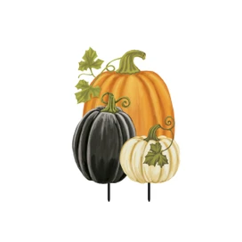 Briarwood Lane metal art checkered pumpkins in orange, black, and white on stakes.