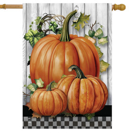 Briarwood Lane Country Pumpkins House Flag with three orange pumpkins and green vines on white wood.