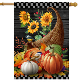 Briarwood Lane Horn of Plenty House Flag with sunflowers, pumpkins, and corn on a black background.